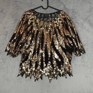 Vintage 80s‎ Glam Womens Heavy Sequin Beaded Top XL Gold Luxury Mob Wife Glam